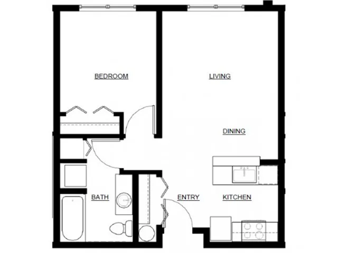 Floor plan for 1 bed, 1 bath, 579 sqft